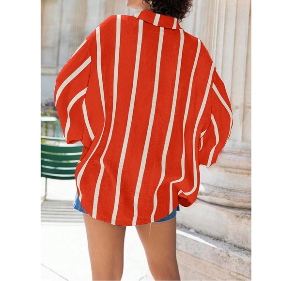 Red with White Stripes Oversized Button Down Shirt Long Sleeve - Picture 4 of 7